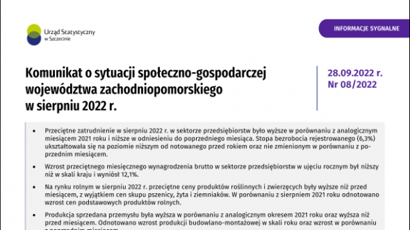 Komunikat o sytuacji społeczno-gospodarczej województwa zachodniopomorskiego - sierpień 2022