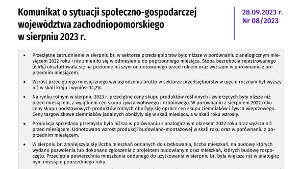 Komunikat o sytuacji społeczno-gospodarczej województwa zachodniopomorskiego - sierpień 2023