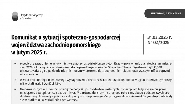 Komunikat o sytuacji społeczno-gospodarczej województwa zachodniopomorskiego - luty 2025 - Informacja sygnalna