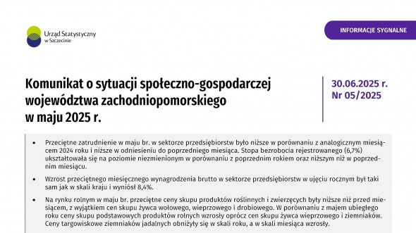 Komunikat o sytuacji społeczno-gospodarczej województwa zachodniopomorskiego - maj 2025 - Informacja sygnalna