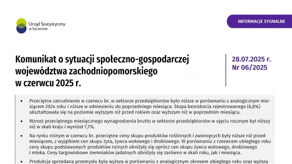 Komunikat o sytuacji społeczno-gospodarczej województwa zachodniopomorskiego - czerwiec 2025 - Informacja sygnalna