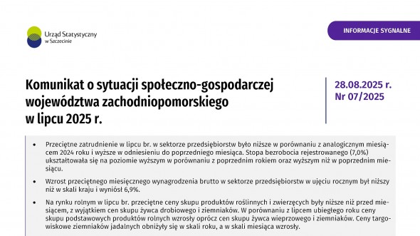 Komunikat o sytuacji społeczno-gospodarczej województwa zachodniopomorskiego - lipiec 2025 - Informacja sygnalna