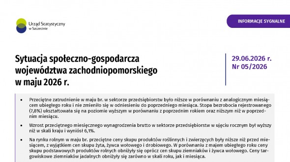 Sytuacja społeczno gospodarcza województwa zachodniopomorskiego - maj 2026 - Informacja sygnalna