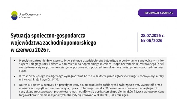 Sytuacja społeczno gospodarcza województwa zachodniopomorskiego - czerwiec 2026 - Informacja sygnalna