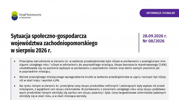 Sytuacja społeczno-gospodarcza województwa zachodniopomorskiego - sierpień 2026 - Informacja sygnalna