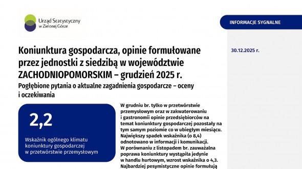 Koniunktura gospodarcza w województwie zachodniopomorskim w grudniu 2025 r. - Informacja sygnalna