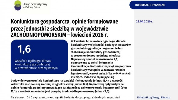 Koniunktura gospodarcza w województwie zachodniopomorskim w kwietniu 2026