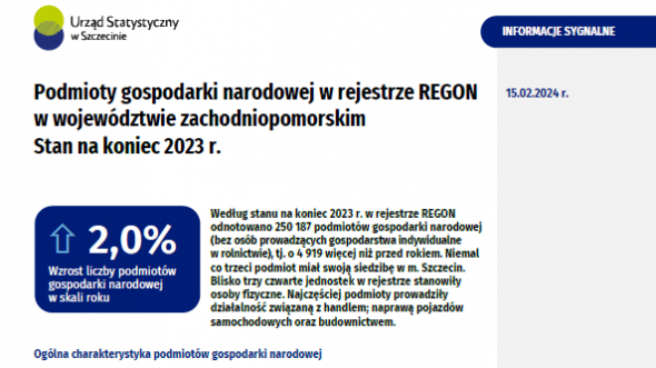 Podmioty gospodarki narodowej w rejestrze REGON w województwie zachodniopomorskim. Stan na koniec 2023 r.